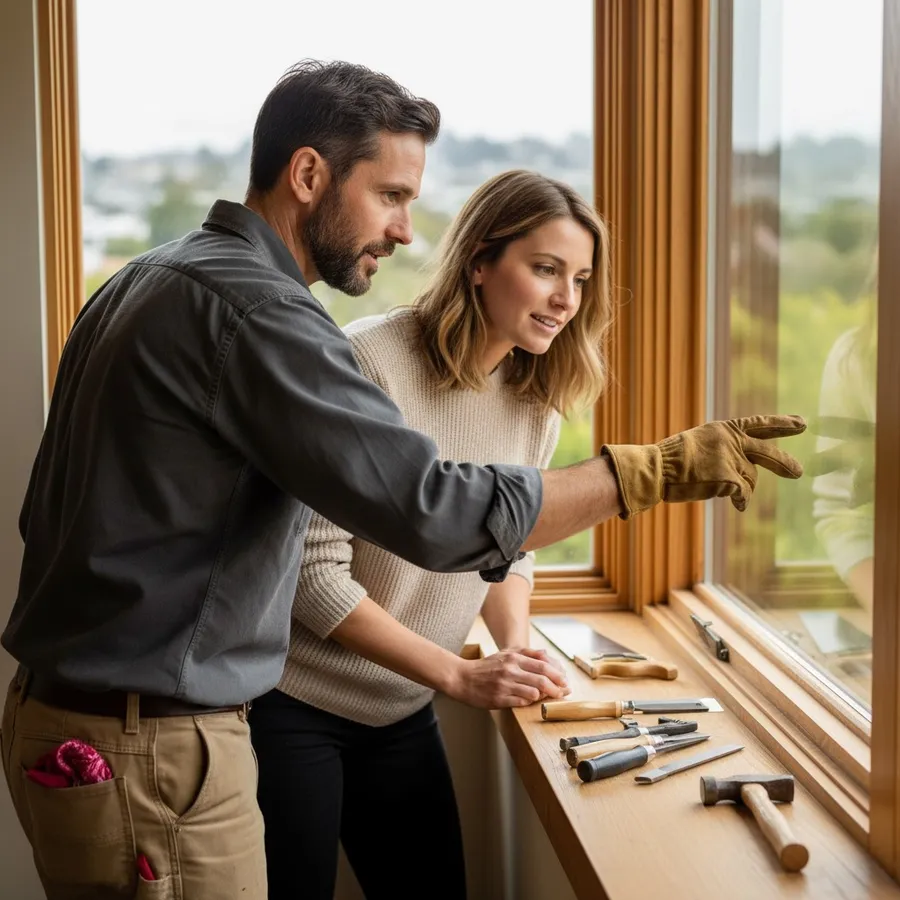 A Hello Handy craftsman showing a homeowner a repair on a window frame, in warm natural light