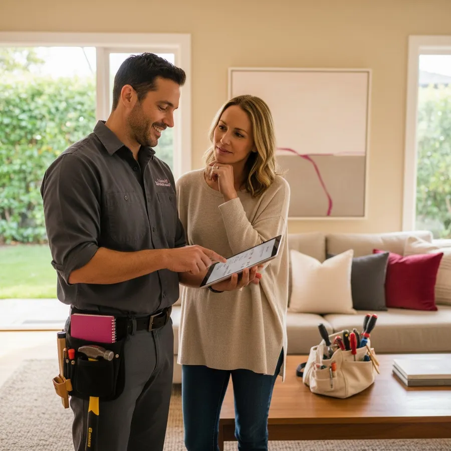 A Hello Handy craftsman walking a homeowner through their to-do list on a tablet, in a bright Peninsula living room