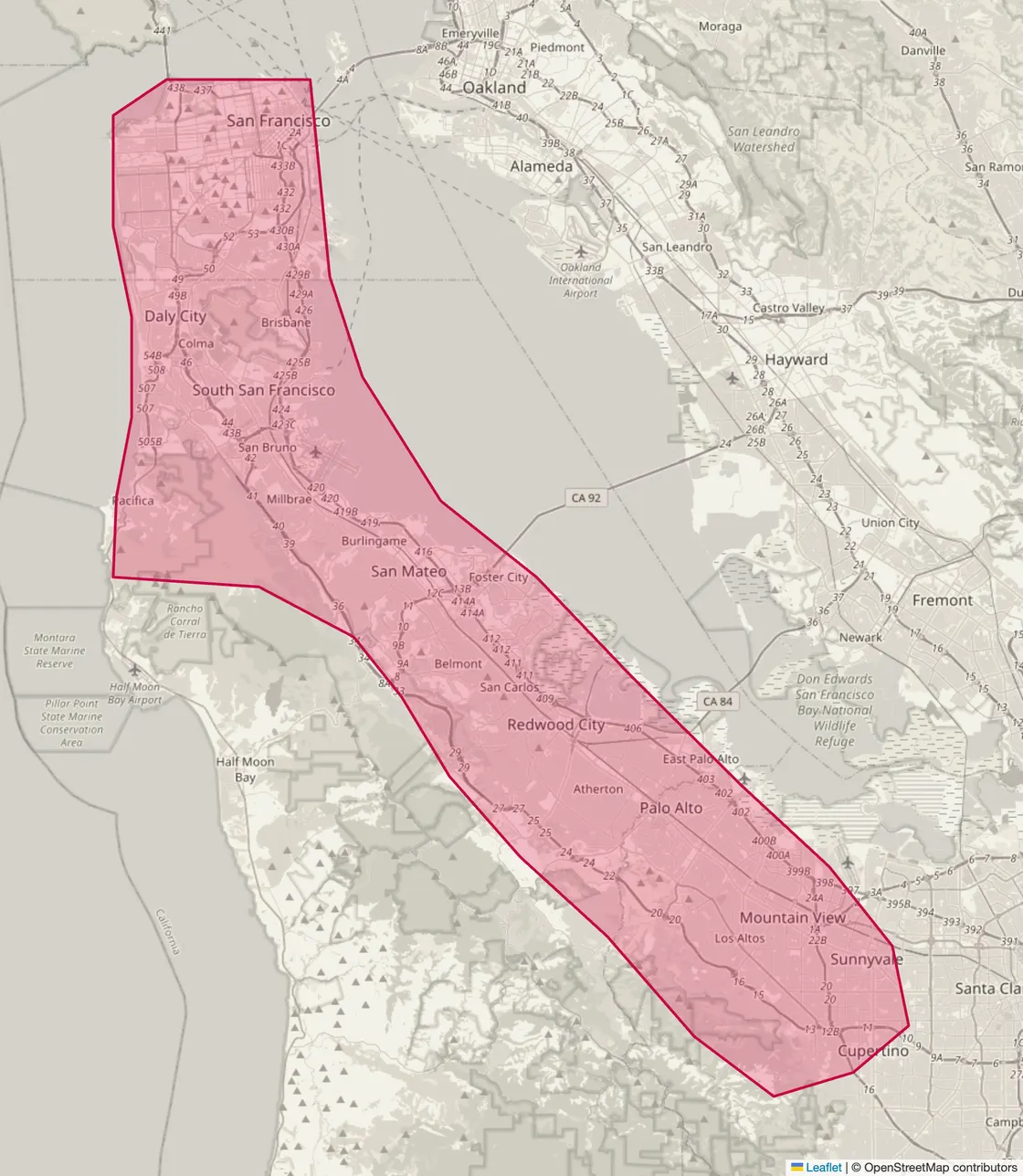 Map of the Hello Handy service area — San Francisco down the Peninsula to Cupertino
