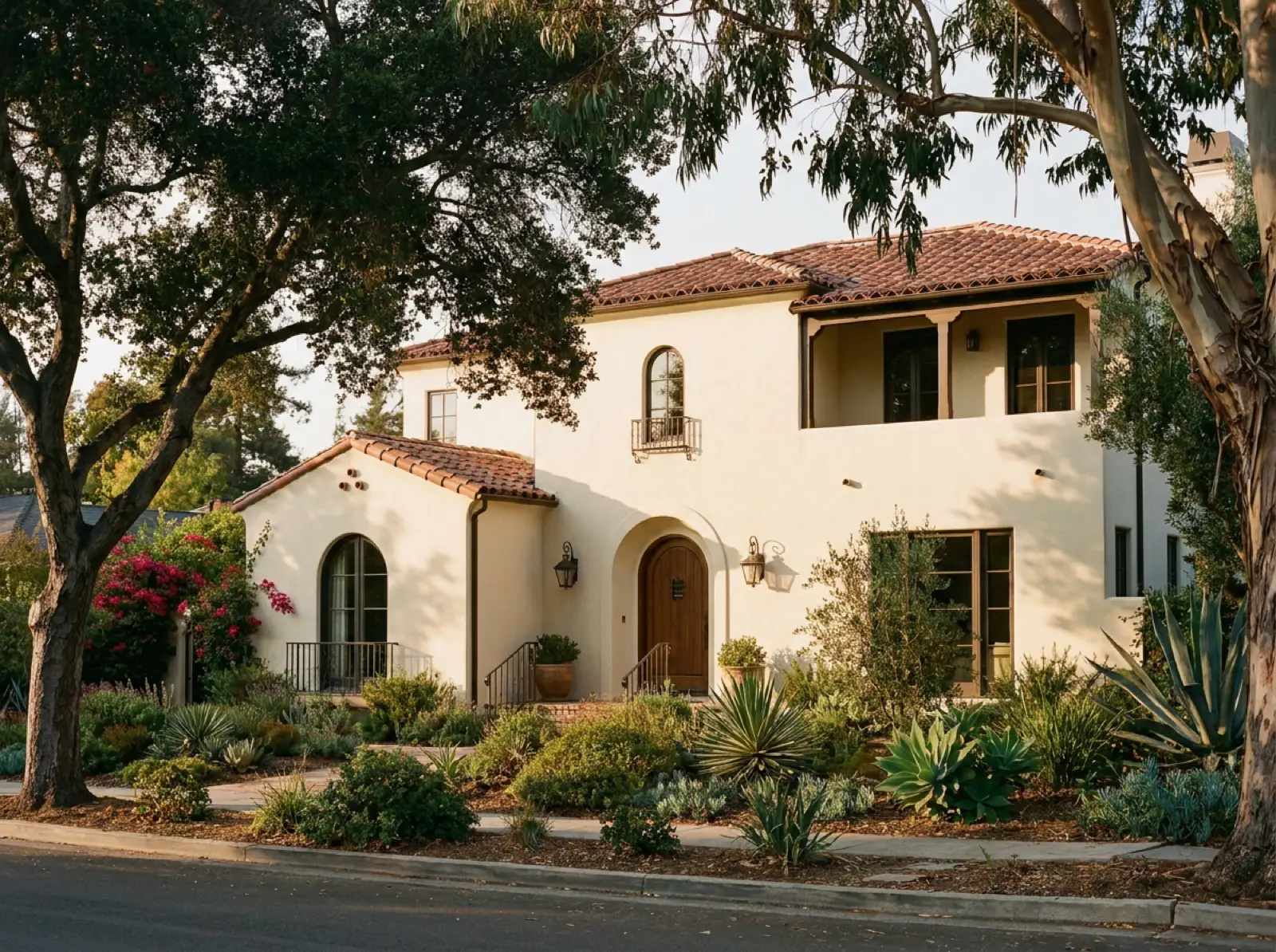 A Burlingame residential street — Spanish Revival stucco and brown-shingle craftsman