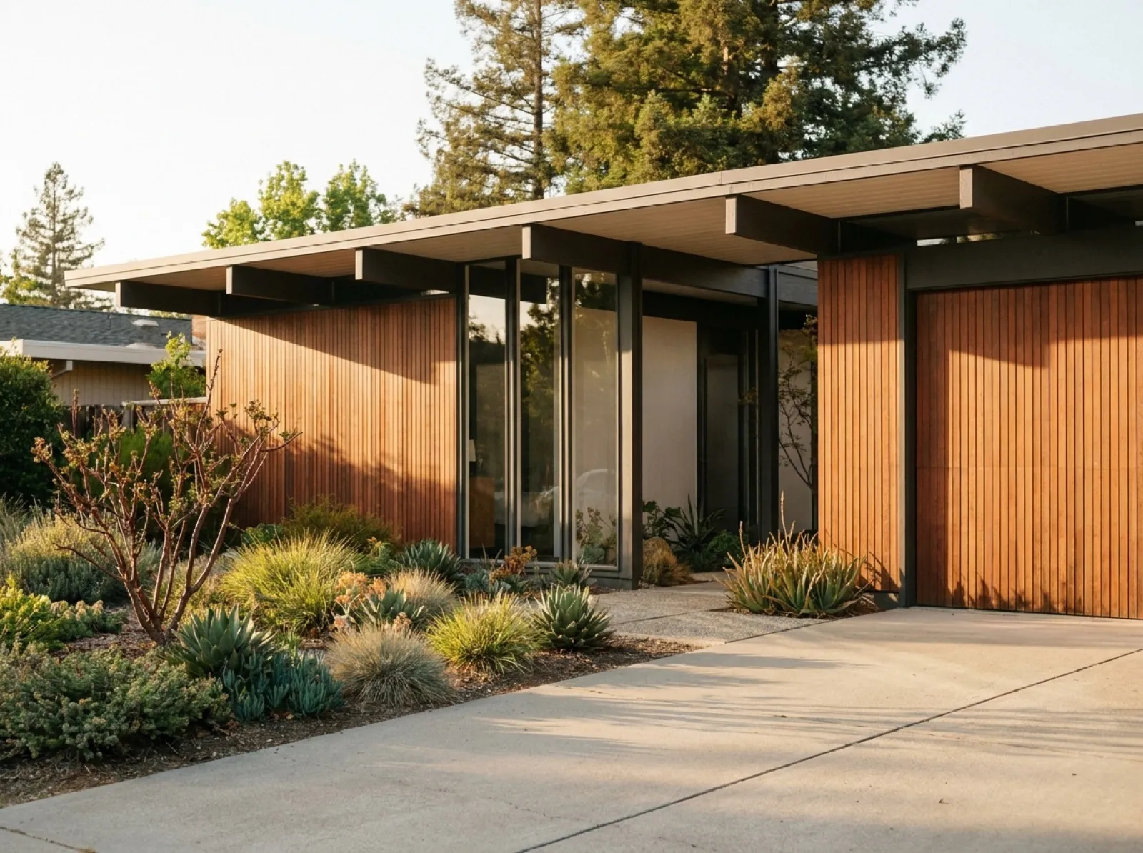 A Palo Alto residential street — Eichler post-and-beam and mid-century ranch