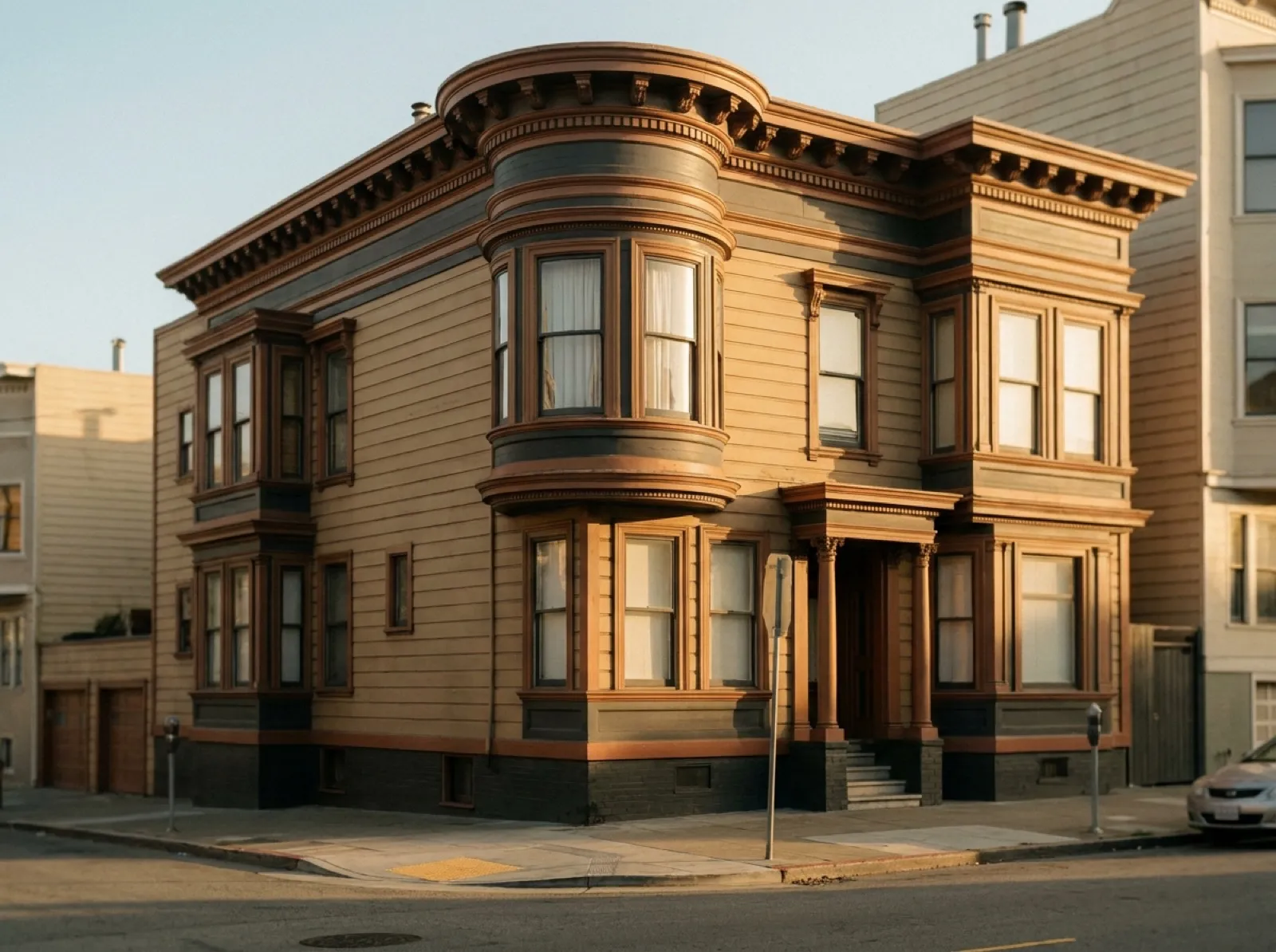 A San Francisco residential street — Victorian and Edwardian flats, stucco-over-wood rows