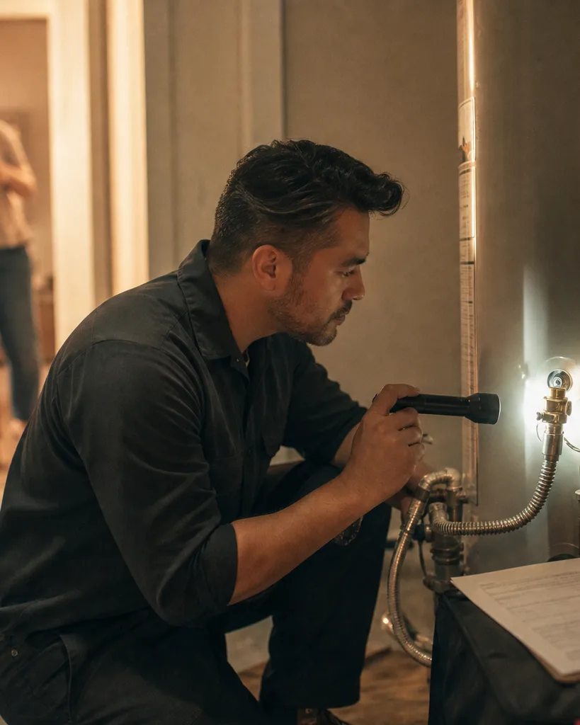 A Hello Handy crew member checking a water heater during a Home Health Check