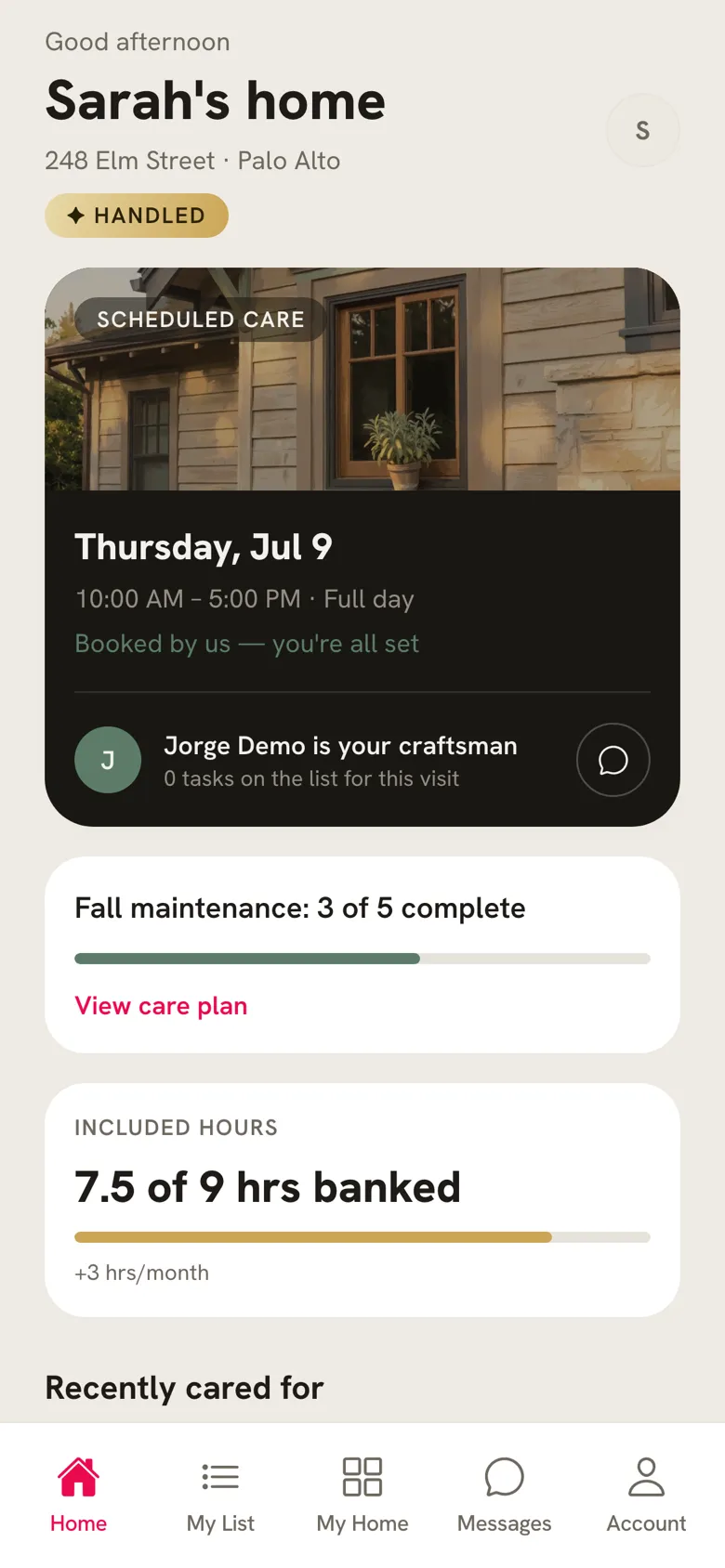 Hello Handy app home screen with the home record and next visit